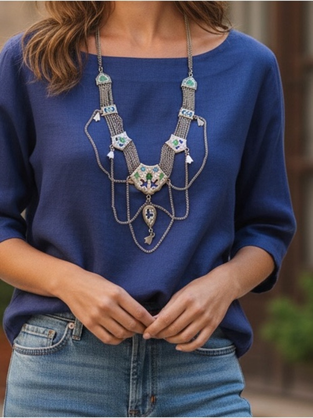 Vintage Silver Color Layer Enamel Cascading Style Necklace